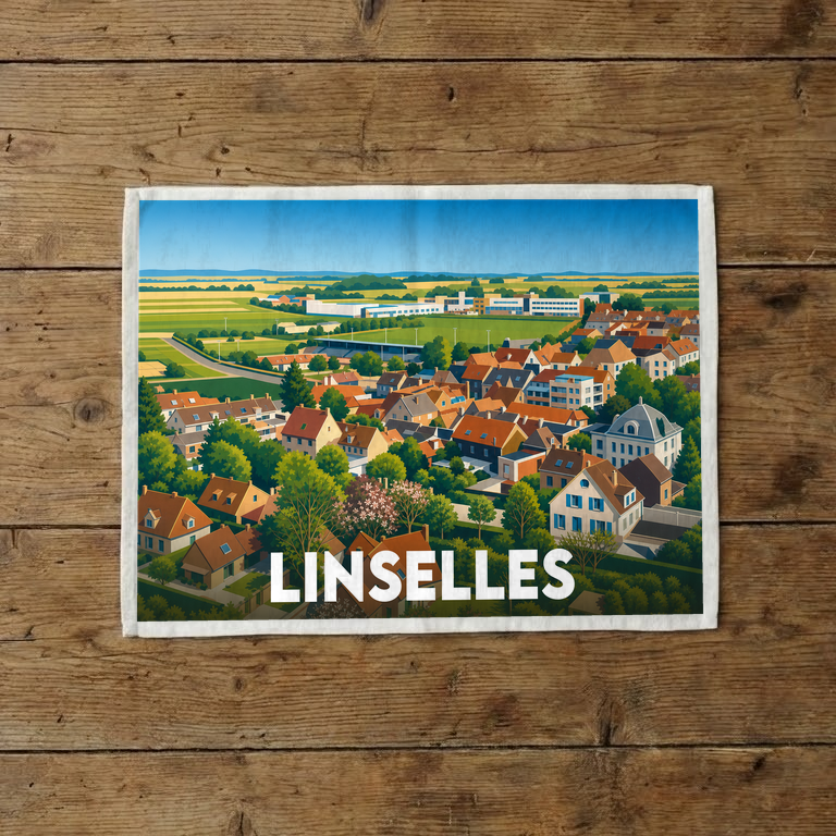 Torchon souvenir de la ville de Linselles illustré d'un panorama coloré et stylisé.
