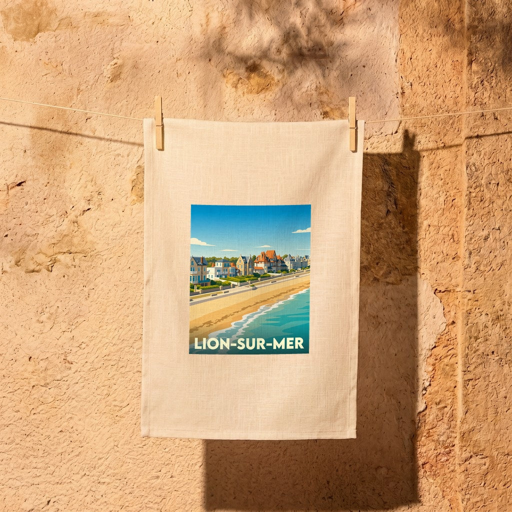 Torchon souvenir de la ville de Lion-sur-Mer avec une illustration stylisée de son front de mer.