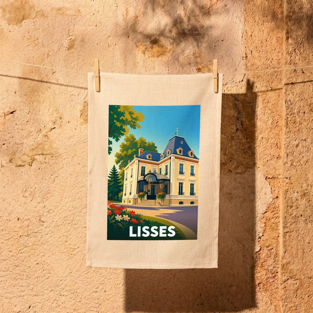 Torchon souvenir de la ville de Lisses illustré par une affiche stylisée de son patrimoine architectural.