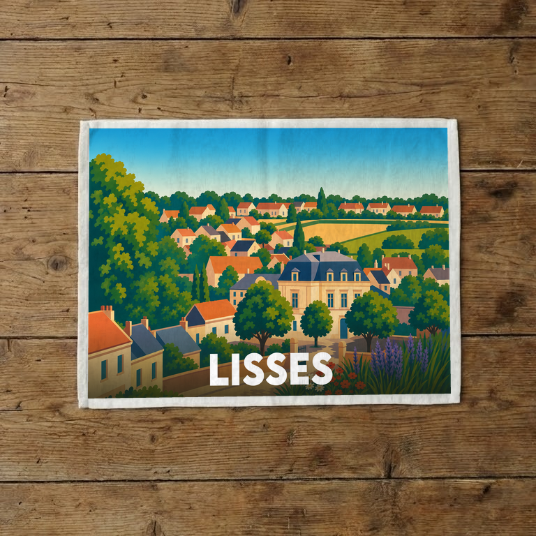 Torchon souvenir de la ville de Lisses avec une illustration colorée et stylisée de son paysage urbain.