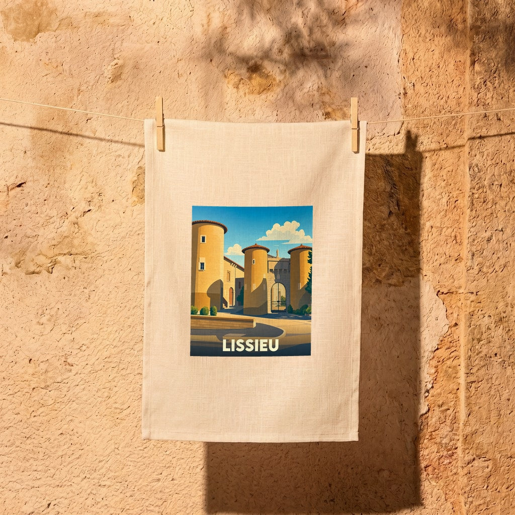 Torchon souvenir de la ville de Lissieu illustré d'un dessin stylisé de ses tours médiévales.