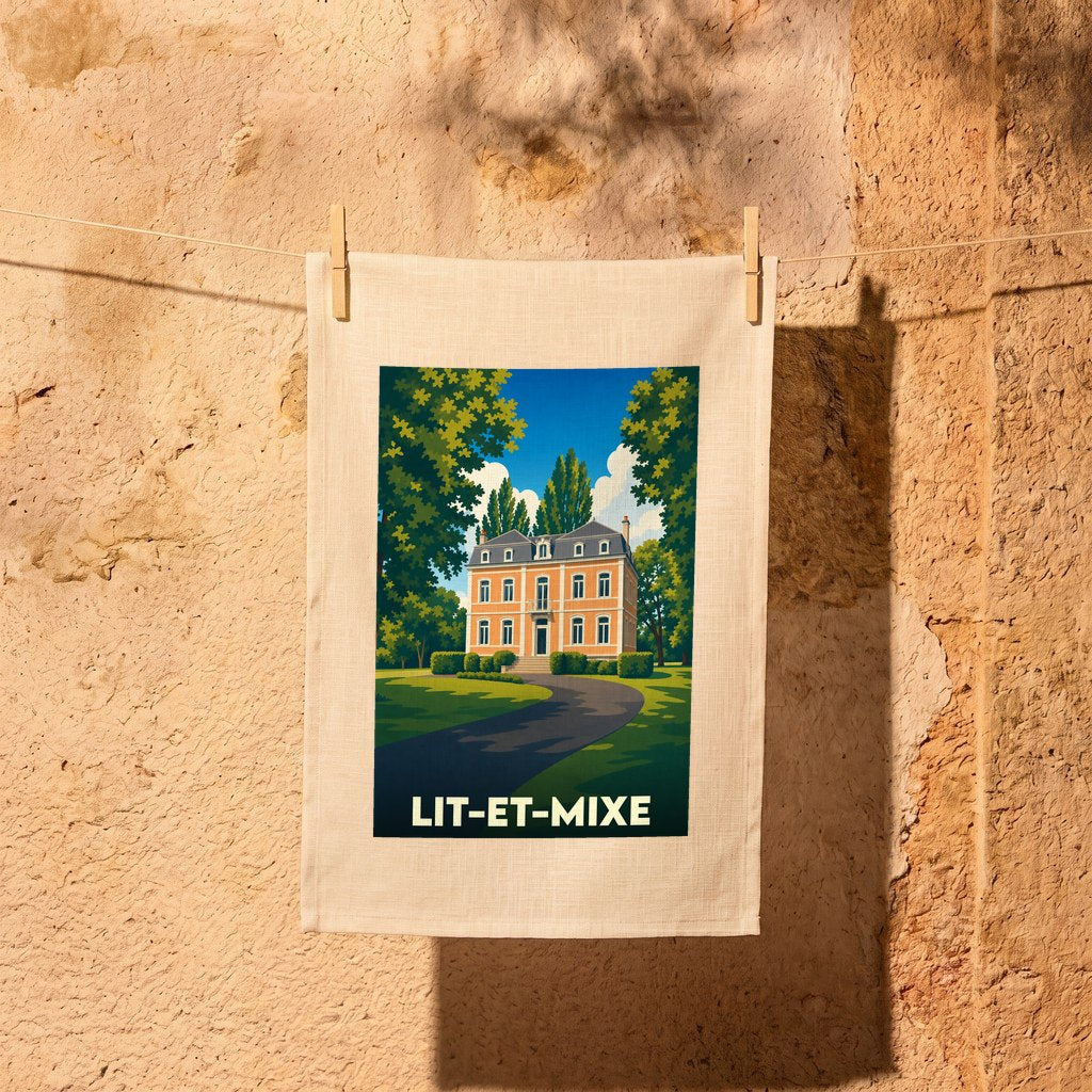 Torchon souvenir de la ville de Lit-et-Mixe avec une illustration stylisée d'une demeure bourgeoise landaise.