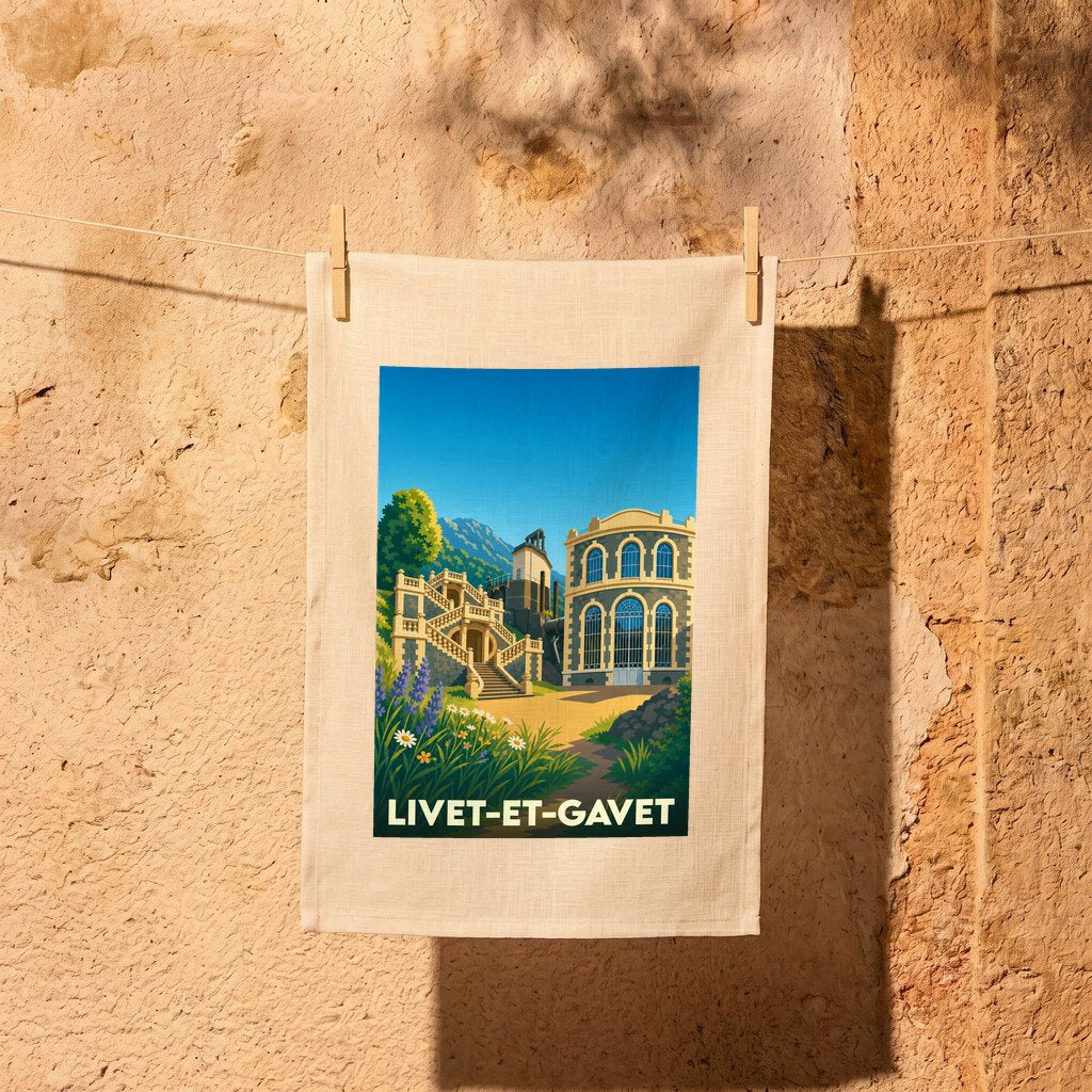 Torchon souvenir de la ville de Livet-et-Gavet avec une illustration stylisée d'un bâtiment historique et de montagnes.