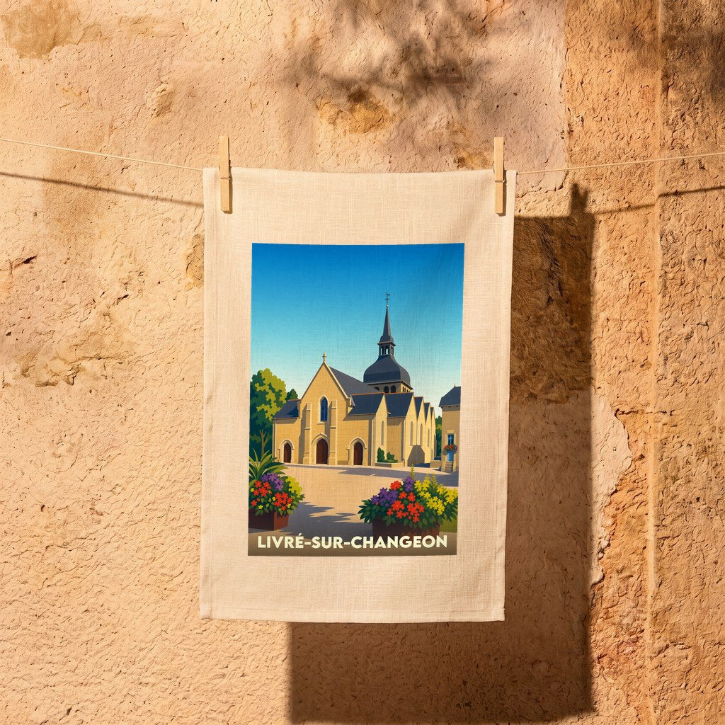 Torchon souvenir de la ville de Livré-sur-Changeon avec une illustration stylisée de son église.
