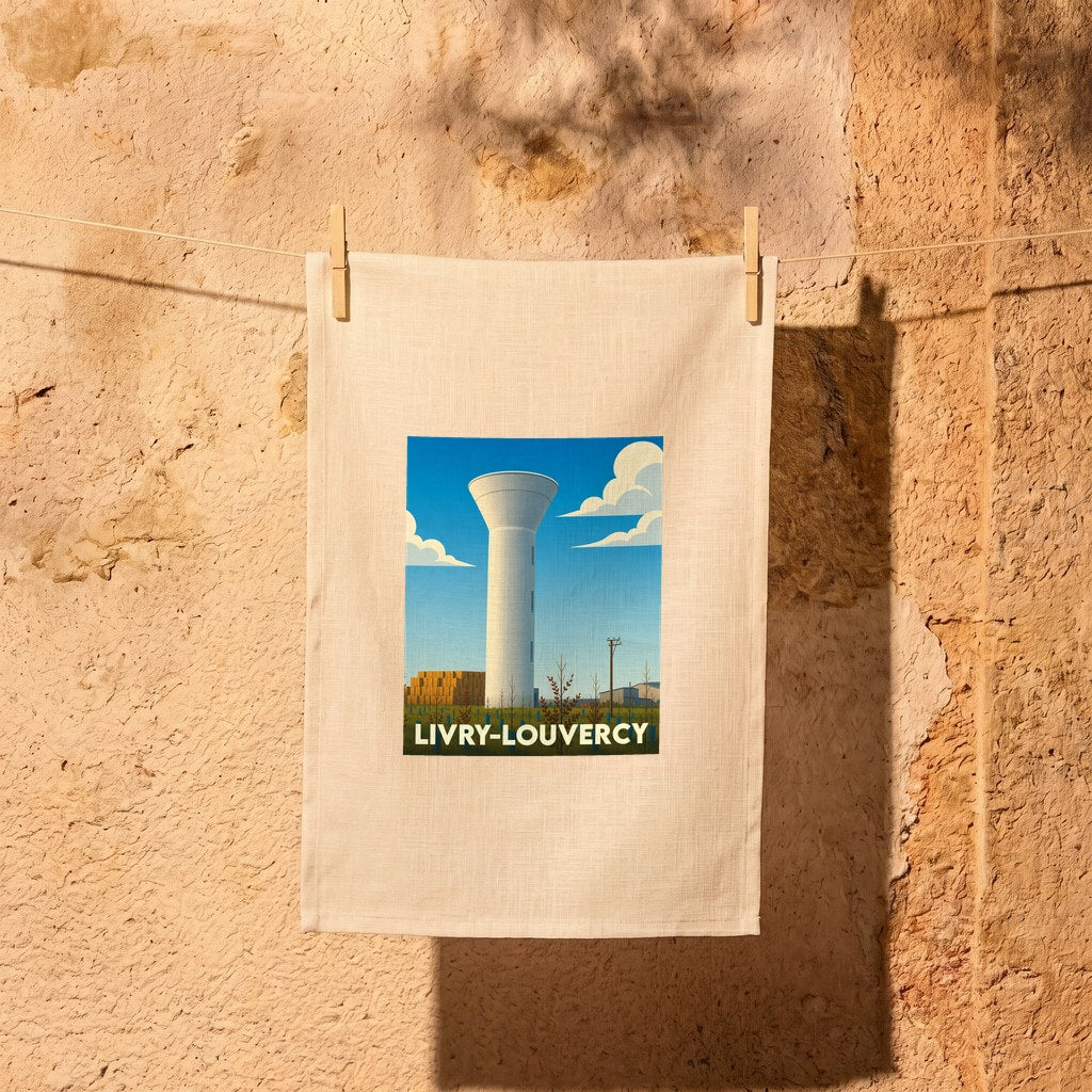 Torchon souvenir de la ville de Livry-Louvercy avec une illustration stylisée d'un château d'eau.