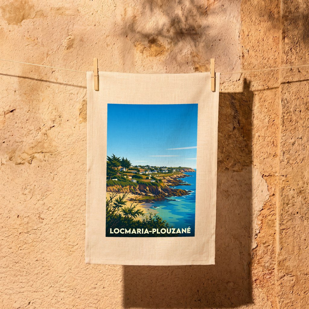 Torchon souvenir de la ville de Locmaria-Plouzané avec une illustration stylisée de sa côte sauvage.