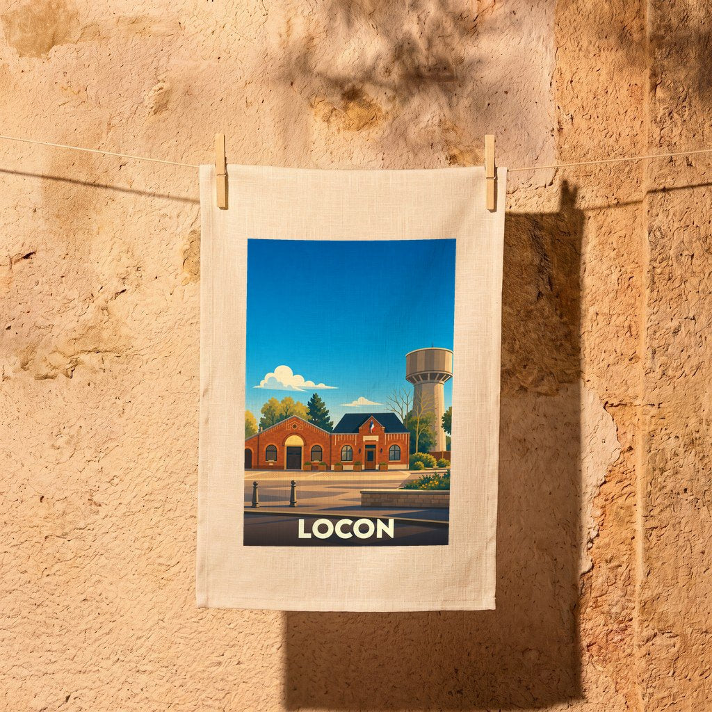 Torchon souvenir de la ville de Locon illustrant ses bâtiments emblématiques dans un style graphique épuré.