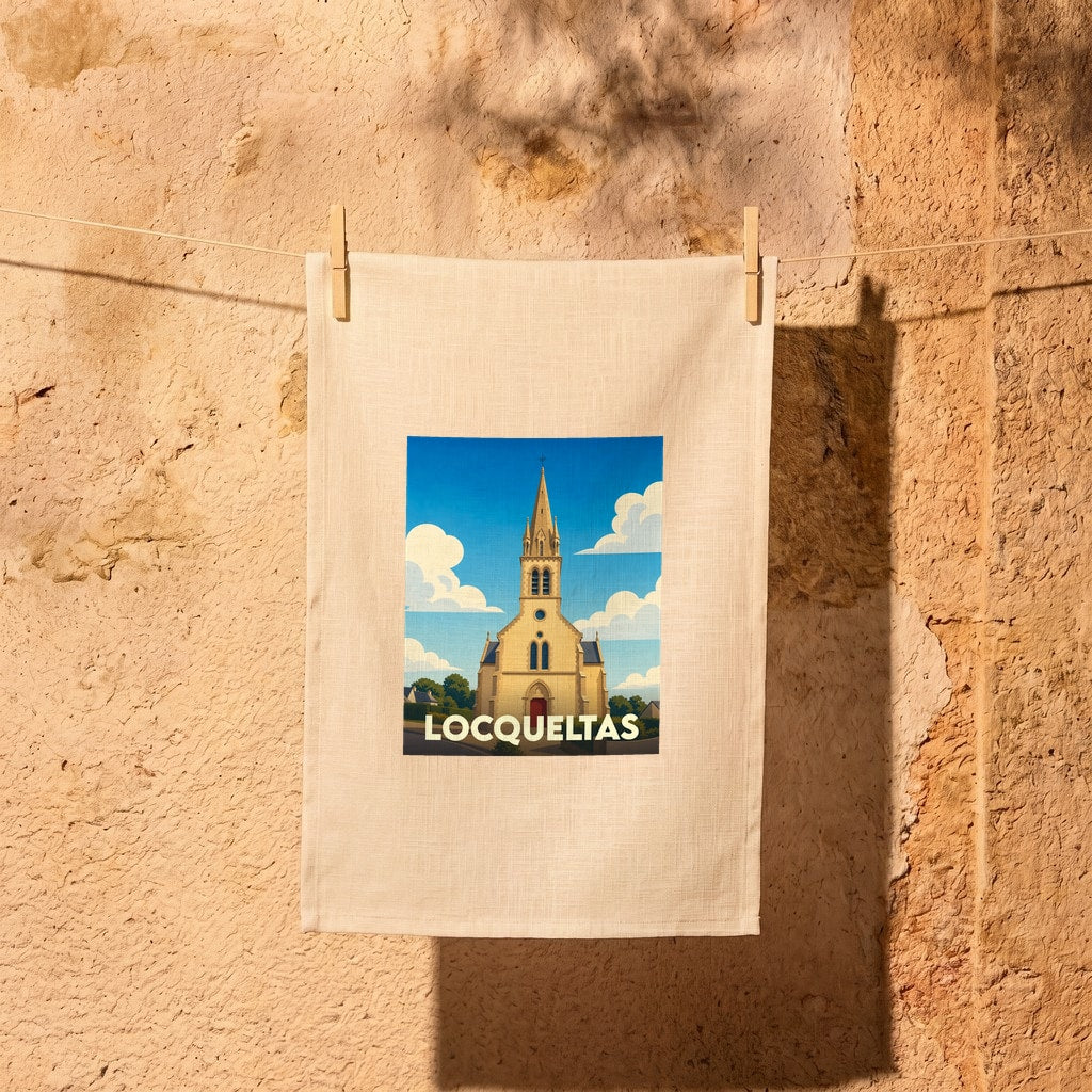 Torchon souvenir de la ville de Locqueltas orné d'une illustration stylisée de son église.