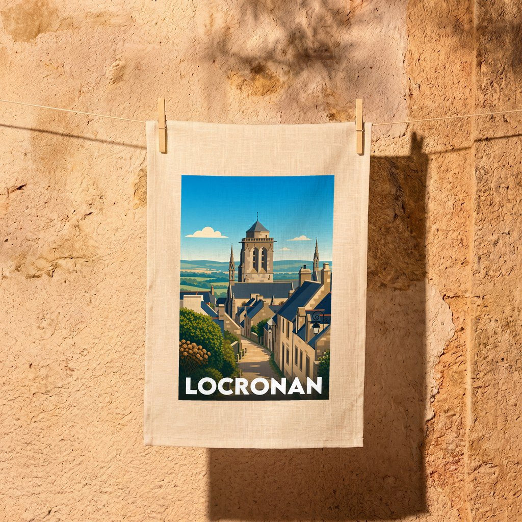 Torchon souvenir de la ville de Locronan avec une illustration stylisée.