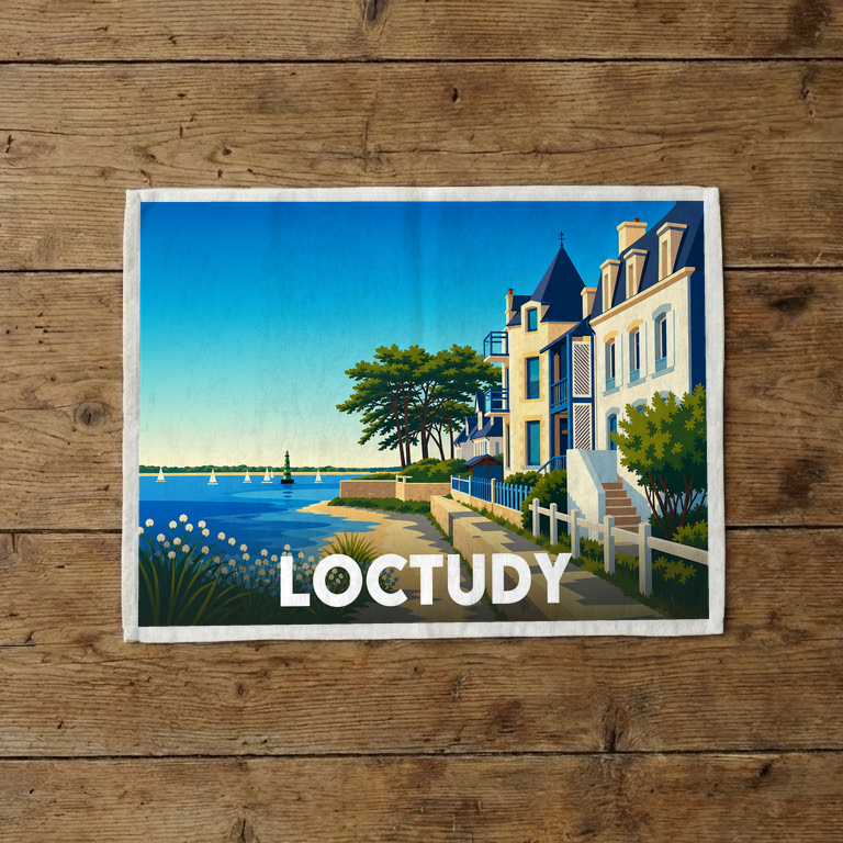 Torchon souvenir de la ville de Loctudy avec une illustration stylisée de son bord de mer.