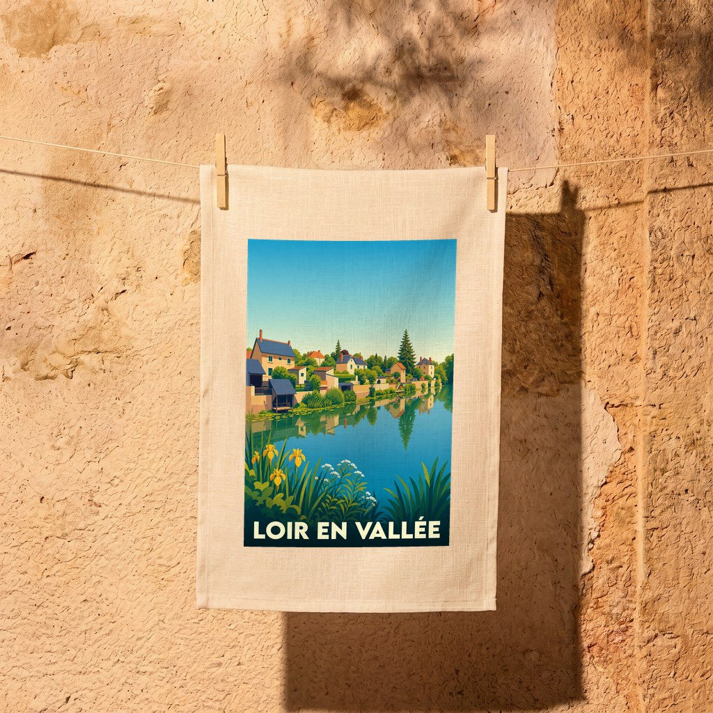 Torchon souvenir de la ville de Loir en Vallée illustré d'un paysage de bord de rivière stylisé.