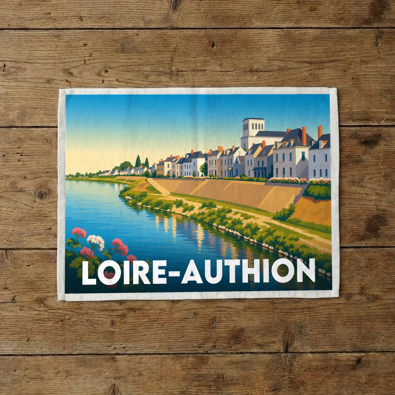Torchon souvenir de la ville de Loire-Authion avec une illustration stylisée du paysage fluvial.