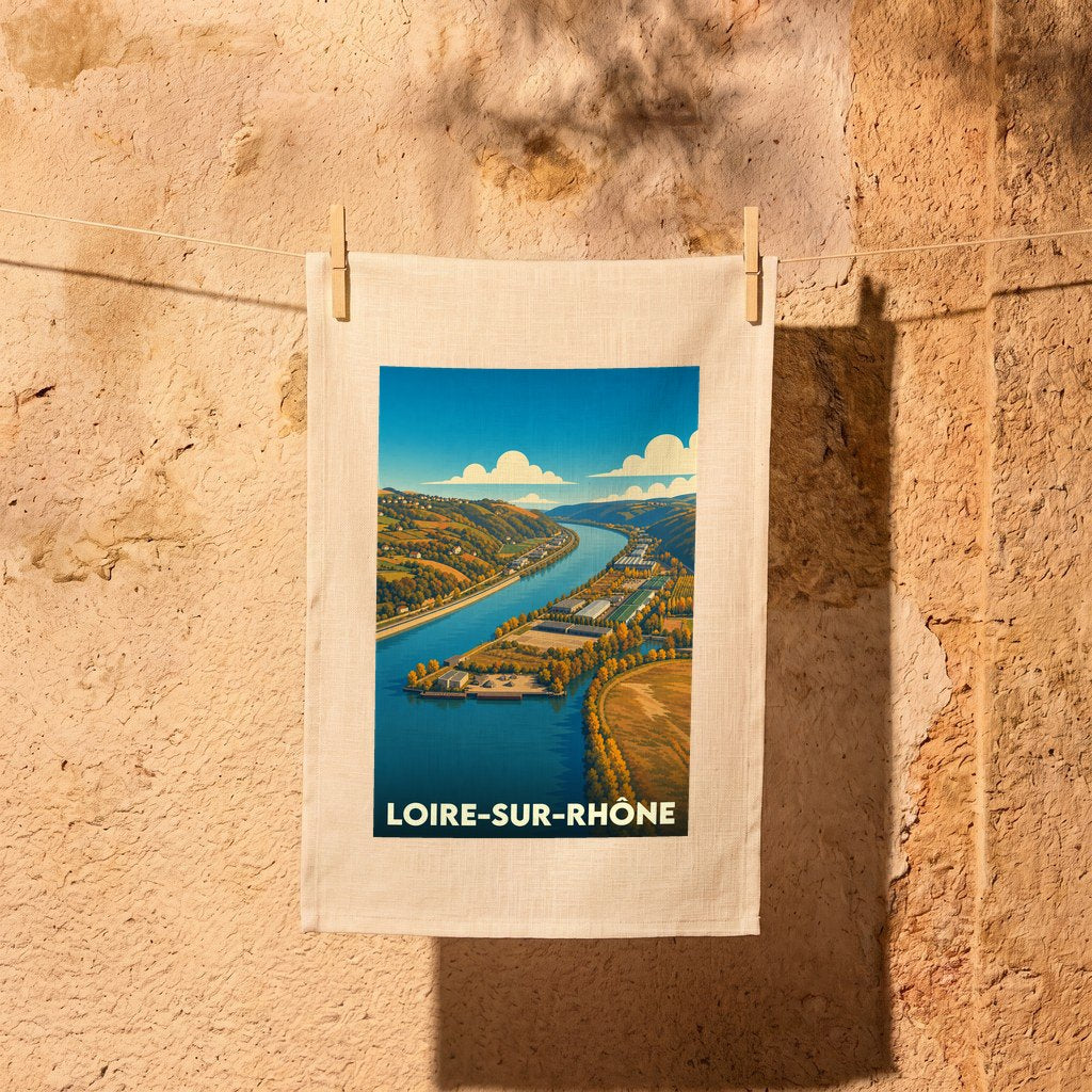 Torchon souvenir de la ville de Loire-sur-Rhône avec une illustration stylisée des bords du Rhône.