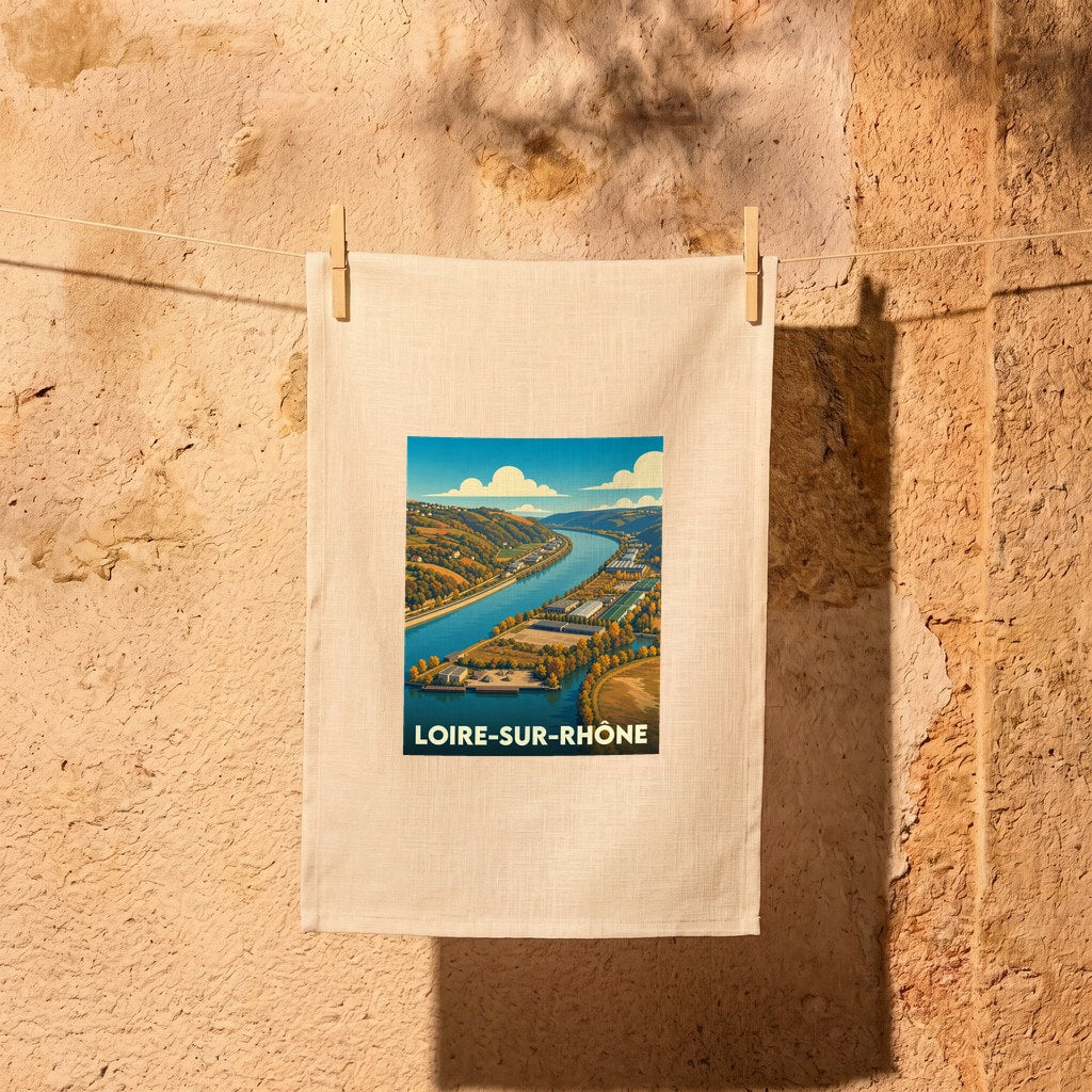 Torchon souvenir de la ville de Loire-sur-Rhône avec une illustration stylisée des bords du Rhône.