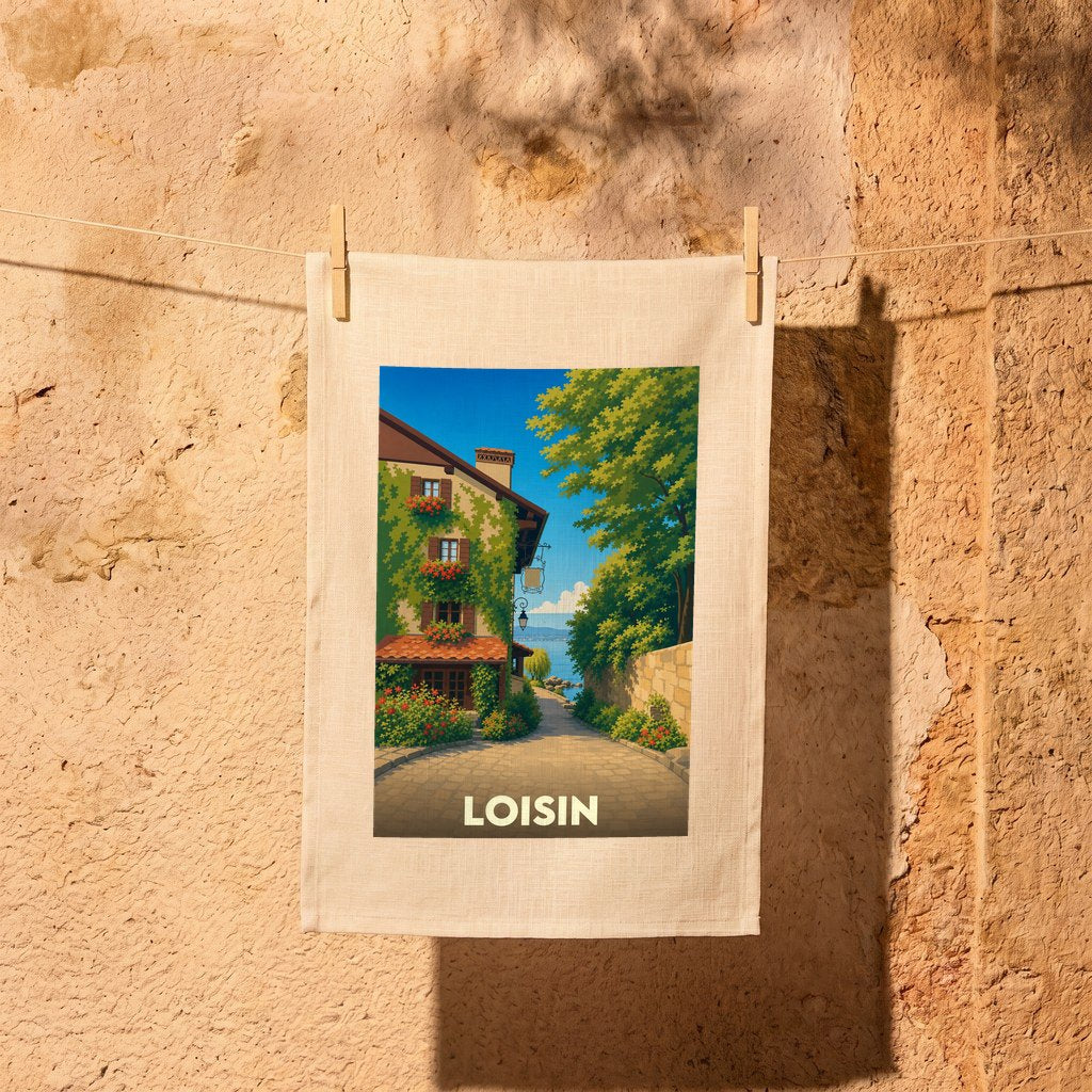Torchon souvenir de la ville de Loisin avec une illustration stylisée d'une ruelle fleurie.