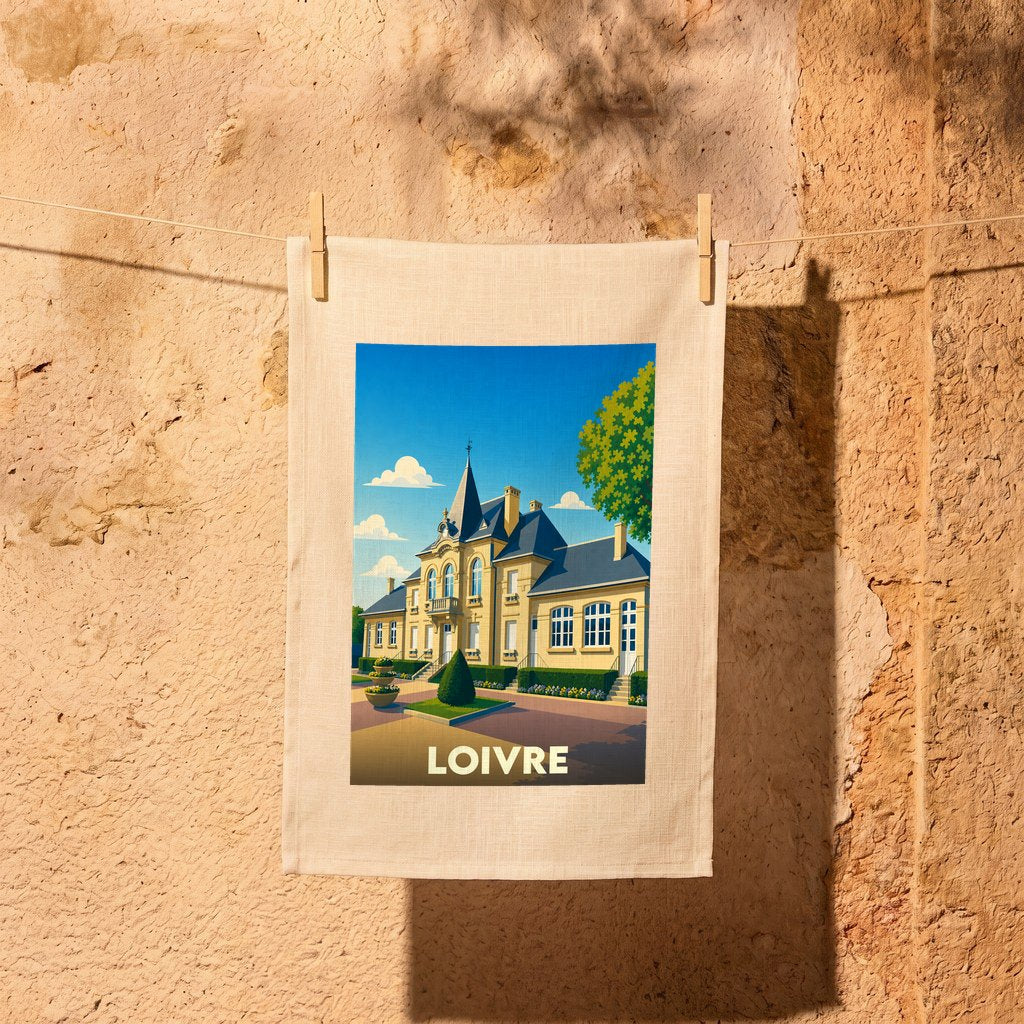 Torchon souvenir de la ville de Loivre avec une illustration stylisée de son architecture.