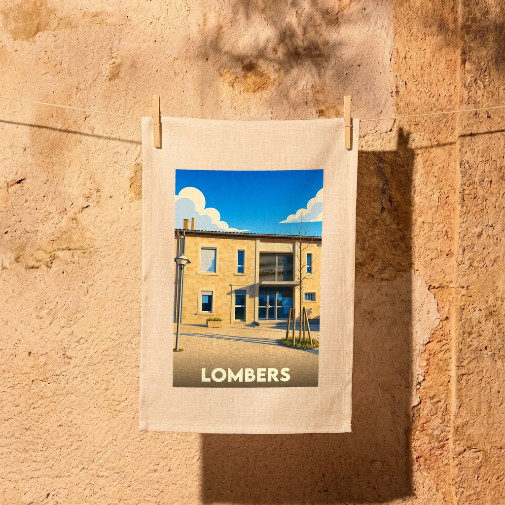 Torchon souvenir de la ville de Lombers avec une illustration stylisée.