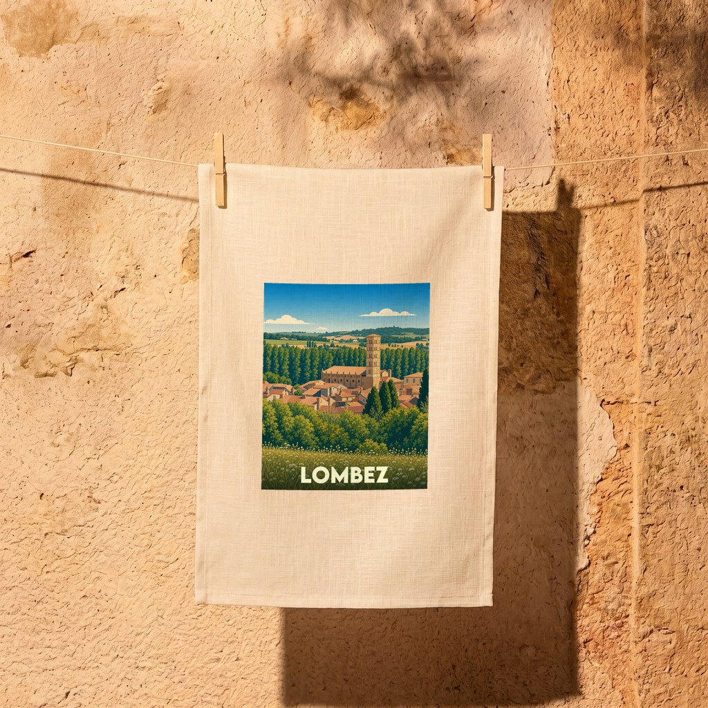 Torchon souvenir de la ville de Lombez avec une illustration stylisée.