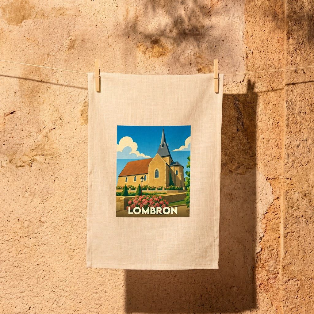 Torchon souvenir de la ville de Lombron orné d'une illustration stylisée de son église et de ses jardins.