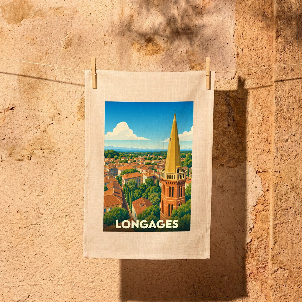 Torchon souvenir de la ville de Longages avec une illustration stylisée de son église et de ses toits.