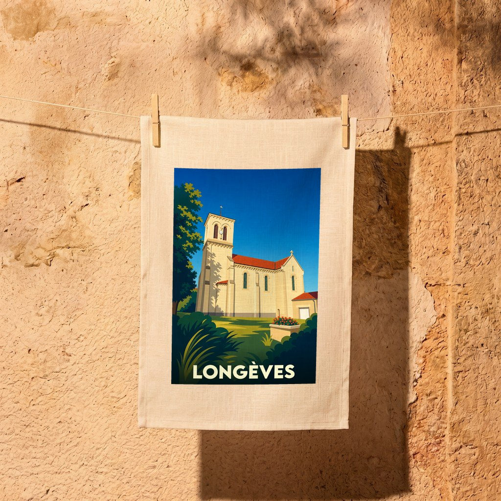 Torchon souvenir de la ville de Longèves avec une illustration stylisée de son église.