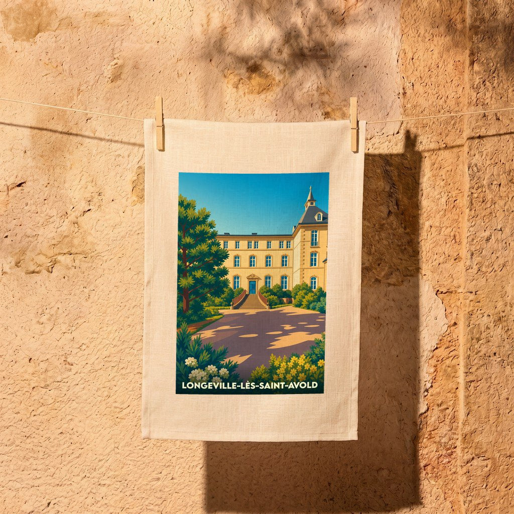 Torchon souvenir de Longeville-lès-Saint-Avold illustré d'un dessin stylisé de son abbaye bénédictine.