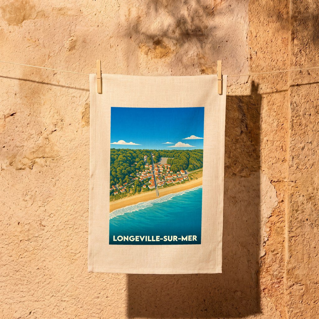 Torchon souvenir de la ville de Longeville-sur-Mer avec une illustration stylisée du bord de mer.