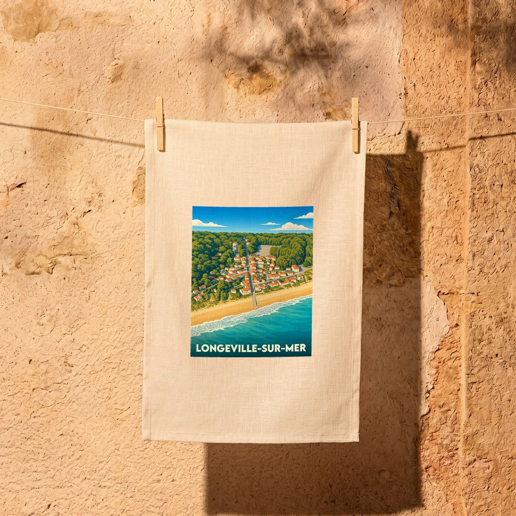 Torchon souvenir de la ville de Longeville-sur-Mer avec une illustration stylisée du bord de mer.