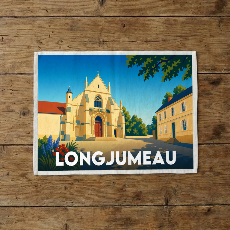 Torchon souvenir de la ville de Longjumeau avec une illustration stylisée.