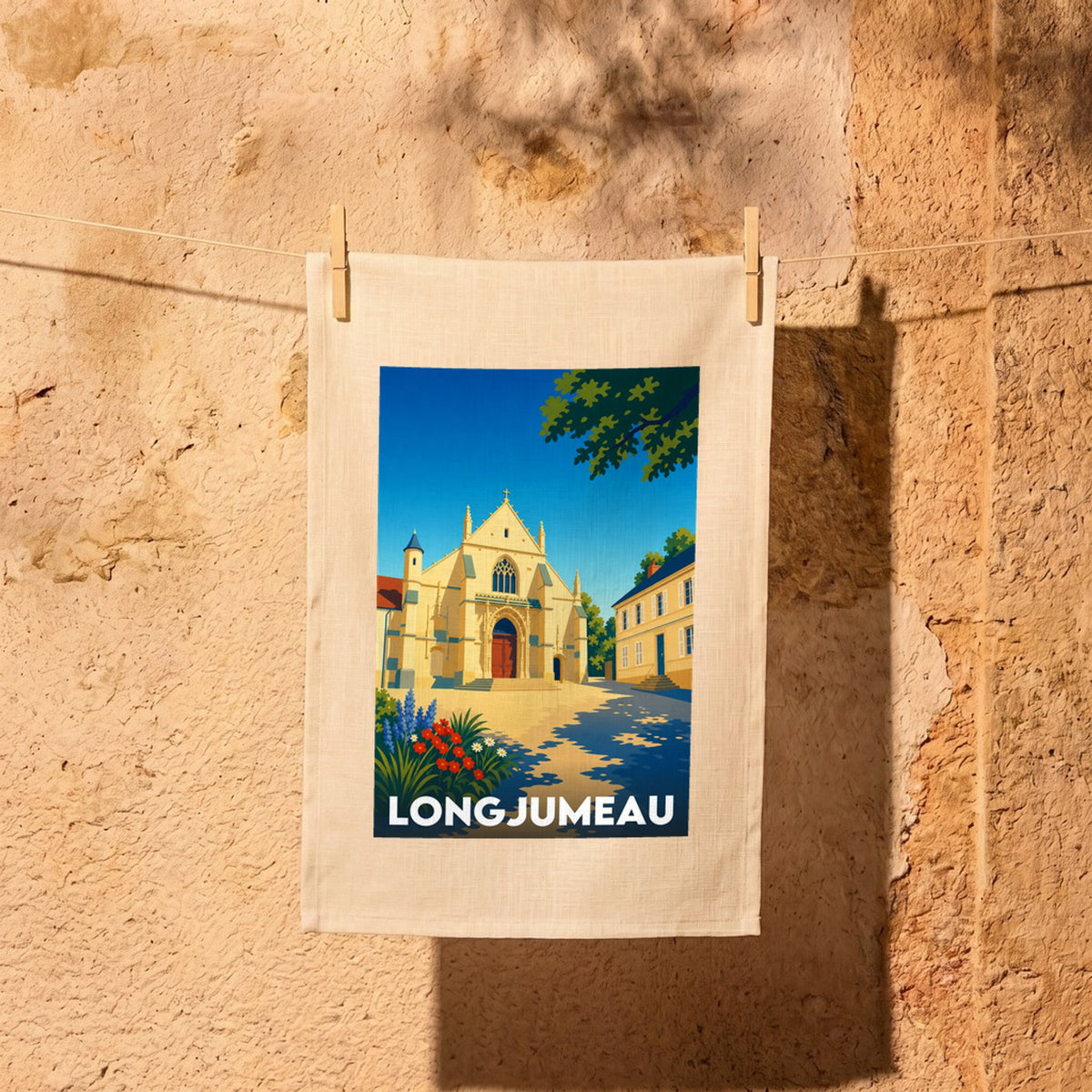 Torchon souvenir de la ville de Longjumeau avec une illustration stylisée.