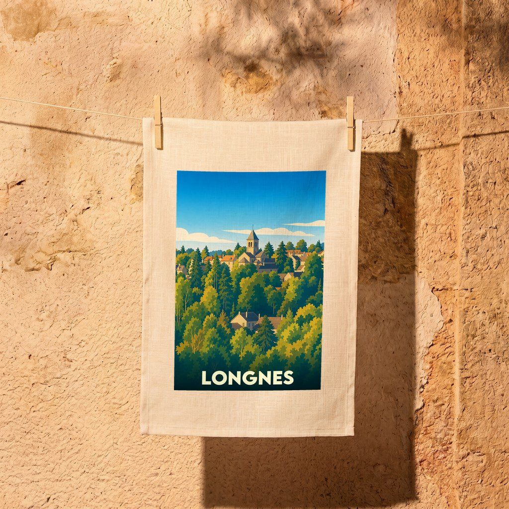 Torchon souvenir de la ville de Longnes avec une illustration stylisée d'un village niché dans une forêt.