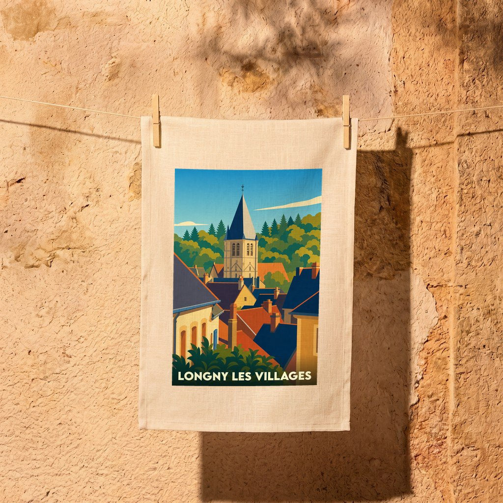 Torchon souvenir de la ville de Longny les Villages avec une illustration stylisée.