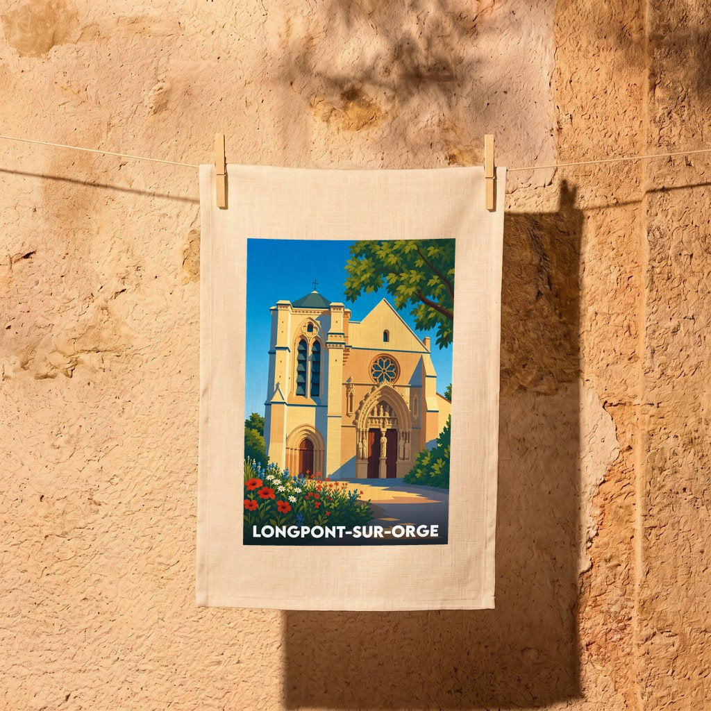 Torchon souvenir de la ville de Longpont-sur-Orge avec une illustration stylisée de sa basilique.