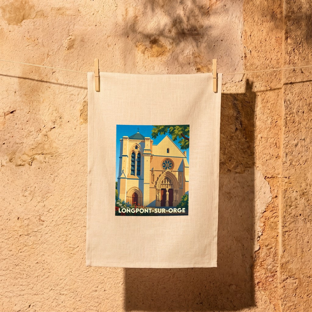 Torchon souvenir de la ville de Longpont-sur-Orge avec une illustration stylisée de sa basilique.