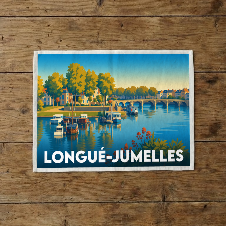 Torchon souvenir de la ville de Longué-Jumelles avec une illustration stylisée des bords de l'Authion.