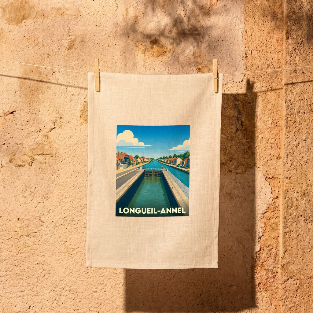 Torchon souvenir de la ville de Longueil-Annel avec une illustration stylisée d'un canal et de ses écluses.