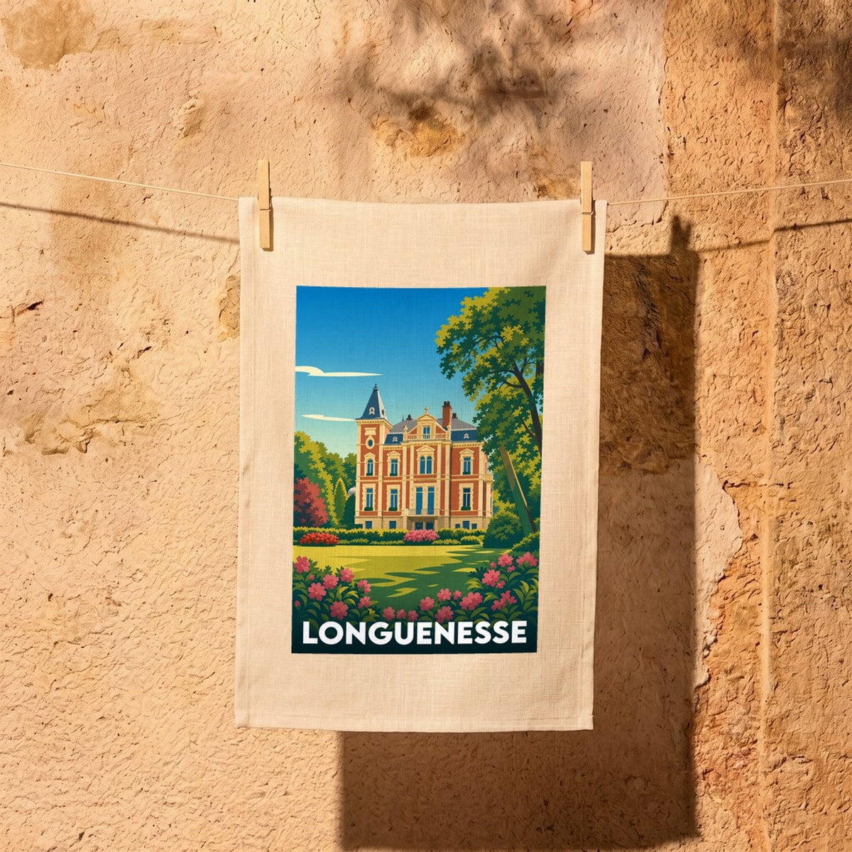 Torchon souvenir de la ville de Longuenesse avec une illustration stylisée d'un château entouré d'un parc verdoyant.
