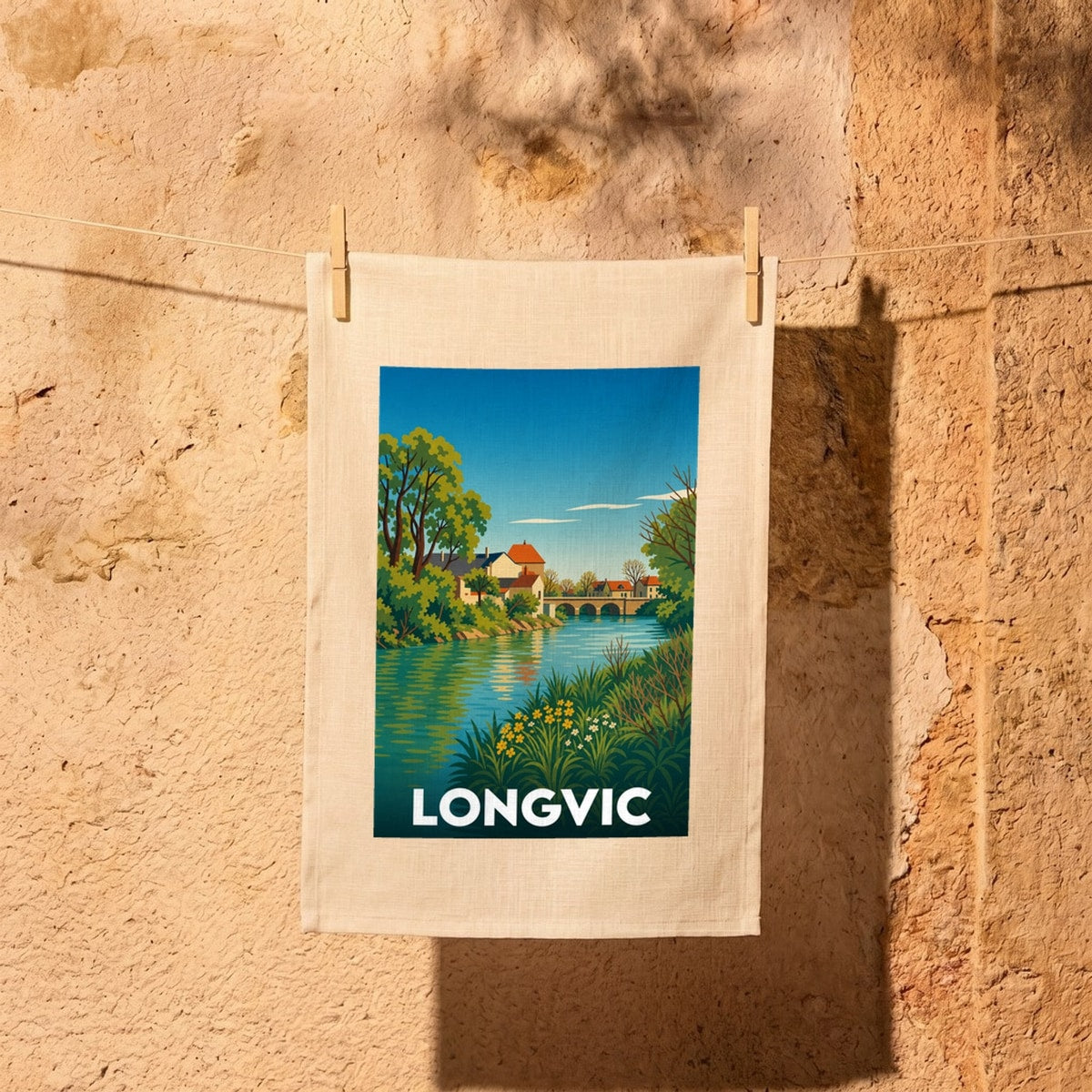 Torchon souvenir de la ville de Longvic avec une illustration stylisée d'un paysage fluvial et de son pont.