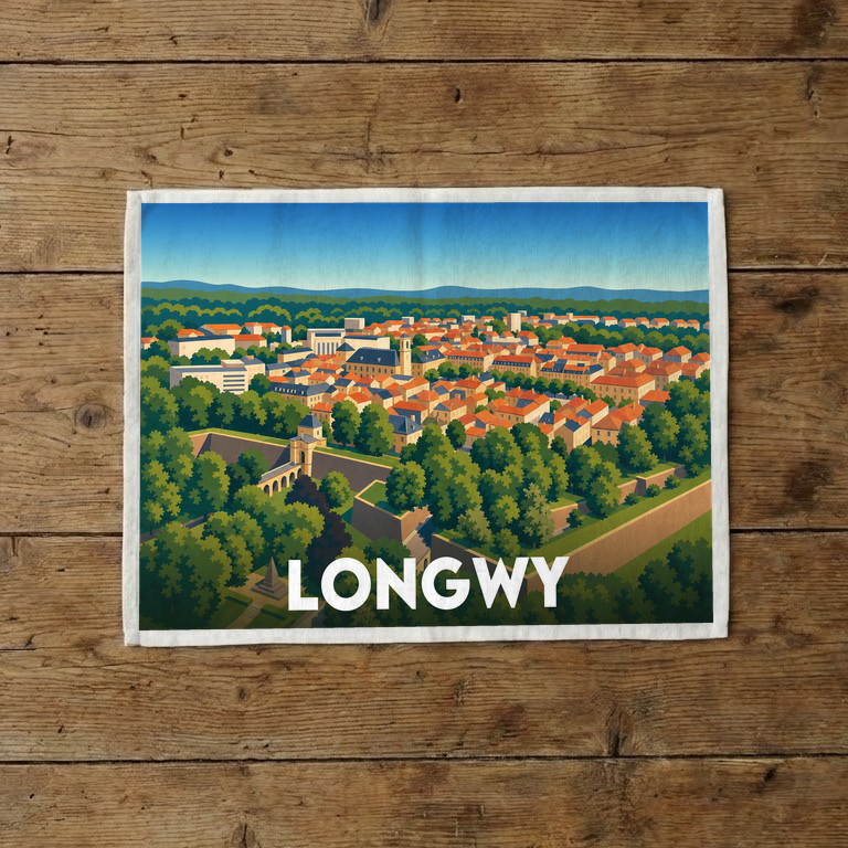 Torchon souvenir de la ville de Longwy avec une illustration stylisée d'une vue aérienne.