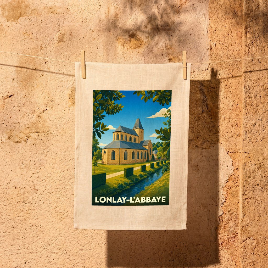 Torchon souvenir de la ville de Lonlay-l'Abbaye avec une illustration stylisée de son église et de son paysage.