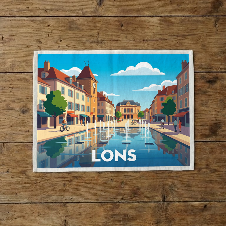 Torchon souvenir de la ville de Lons avec une illustration stylisée de sa place centrale et de ses fontaines.