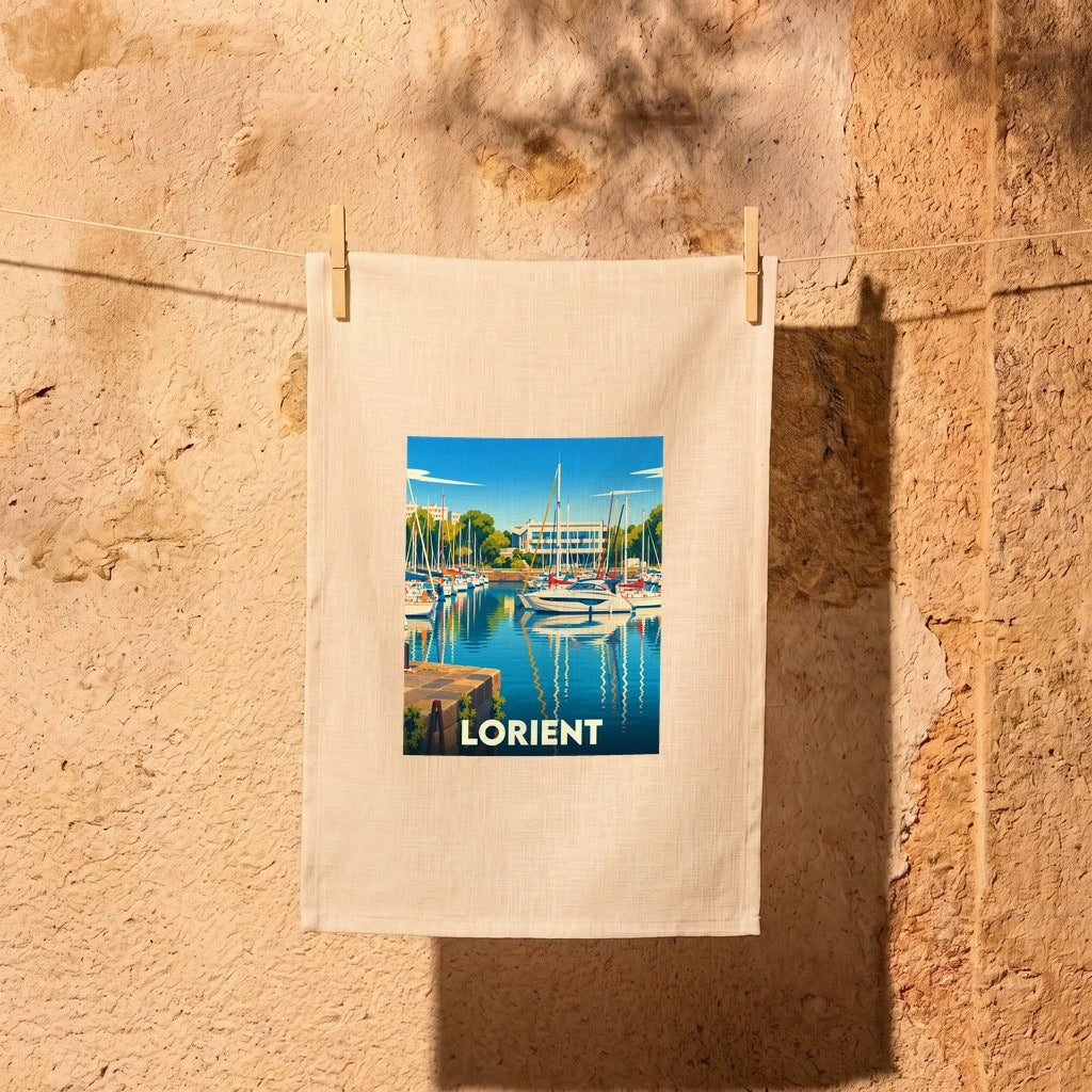 Torchon souvenir de la ville de Lorient avec une illustration stylisée d'un port de plaisance.