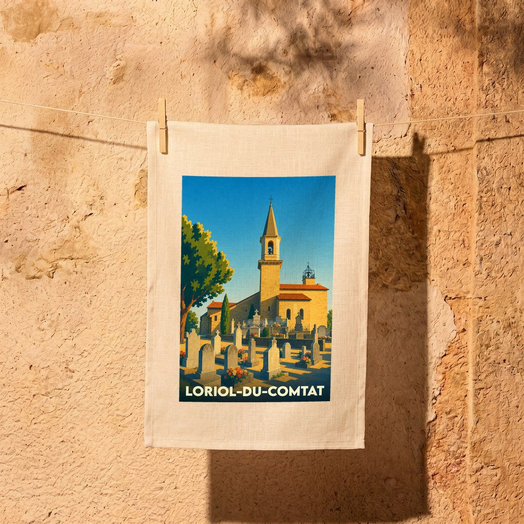 Torchon souvenir de la ville de Loriol-du-Comtat illustré d'un dessin stylisé représentant son église et son cimetière sous un ciel bleu.
