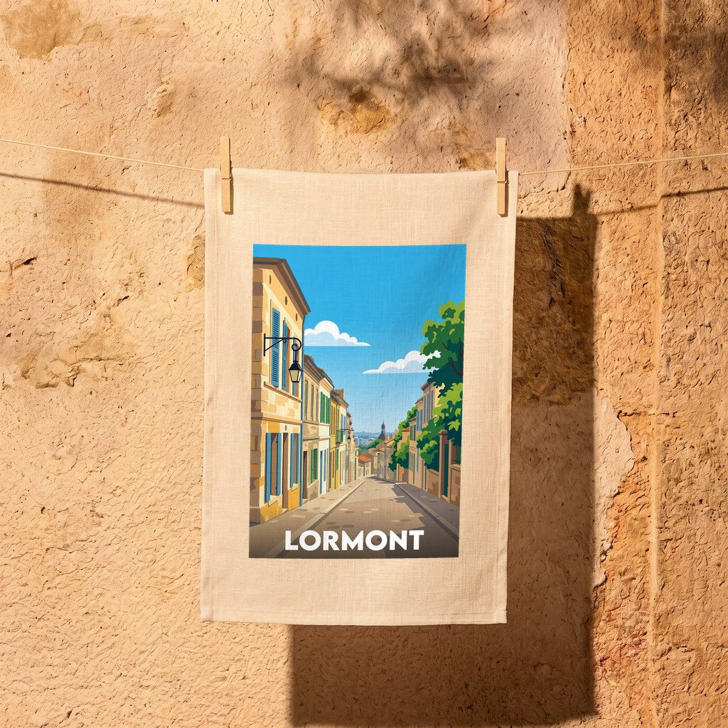 Torchon souvenir de la ville de Lormont avec une illustration stylisée d'une rue pittoresque.