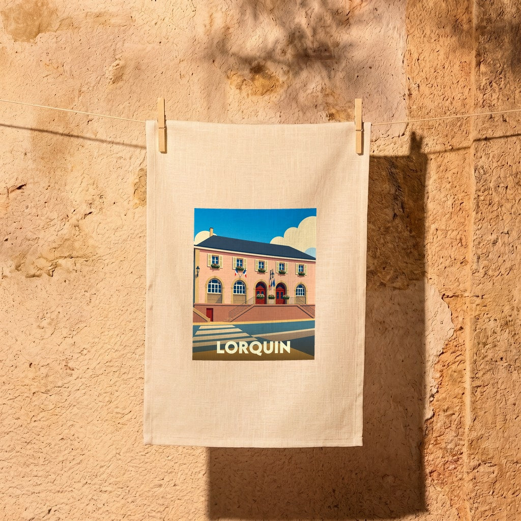 Torchon souvenir de la ville de Lorquin avec une illustration stylisée d'un bâtiment emblématique.