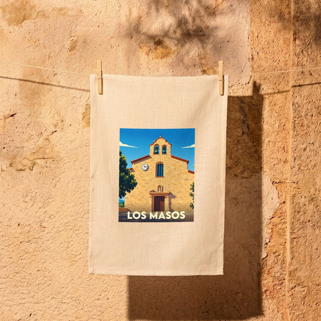 Torchon souvenir de la ville de Los Masos orné d'une illustration stylisée de son église.