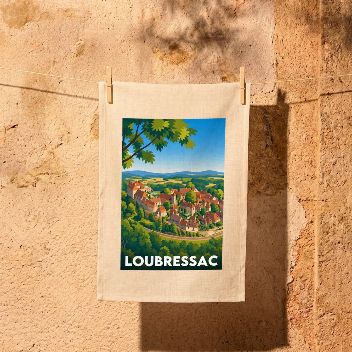 Torchon souvenir de la ville de Loubressac orné d'une illustration stylisée du village.