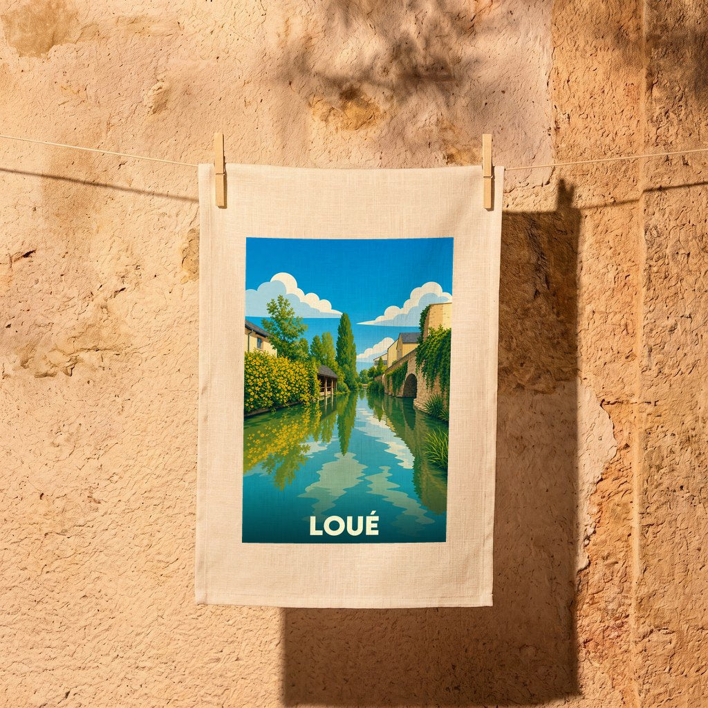Torchon souvenir de la ville de Loué illustré par un paysage de rivière stylisé et coloré.