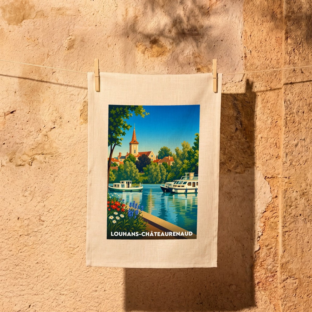 Torchon souvenir de la ville de Louhans-Châteaurenaud avec une illustration stylisée d'un paysage fluvial.