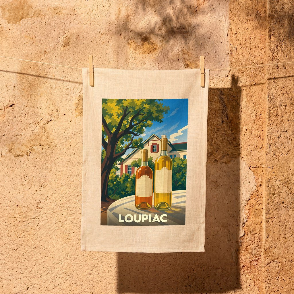 Torchon souvenir de la ville de Loupiac avec une illustration stylisée de bouteilles de vin devant un paysage ensoleillé.